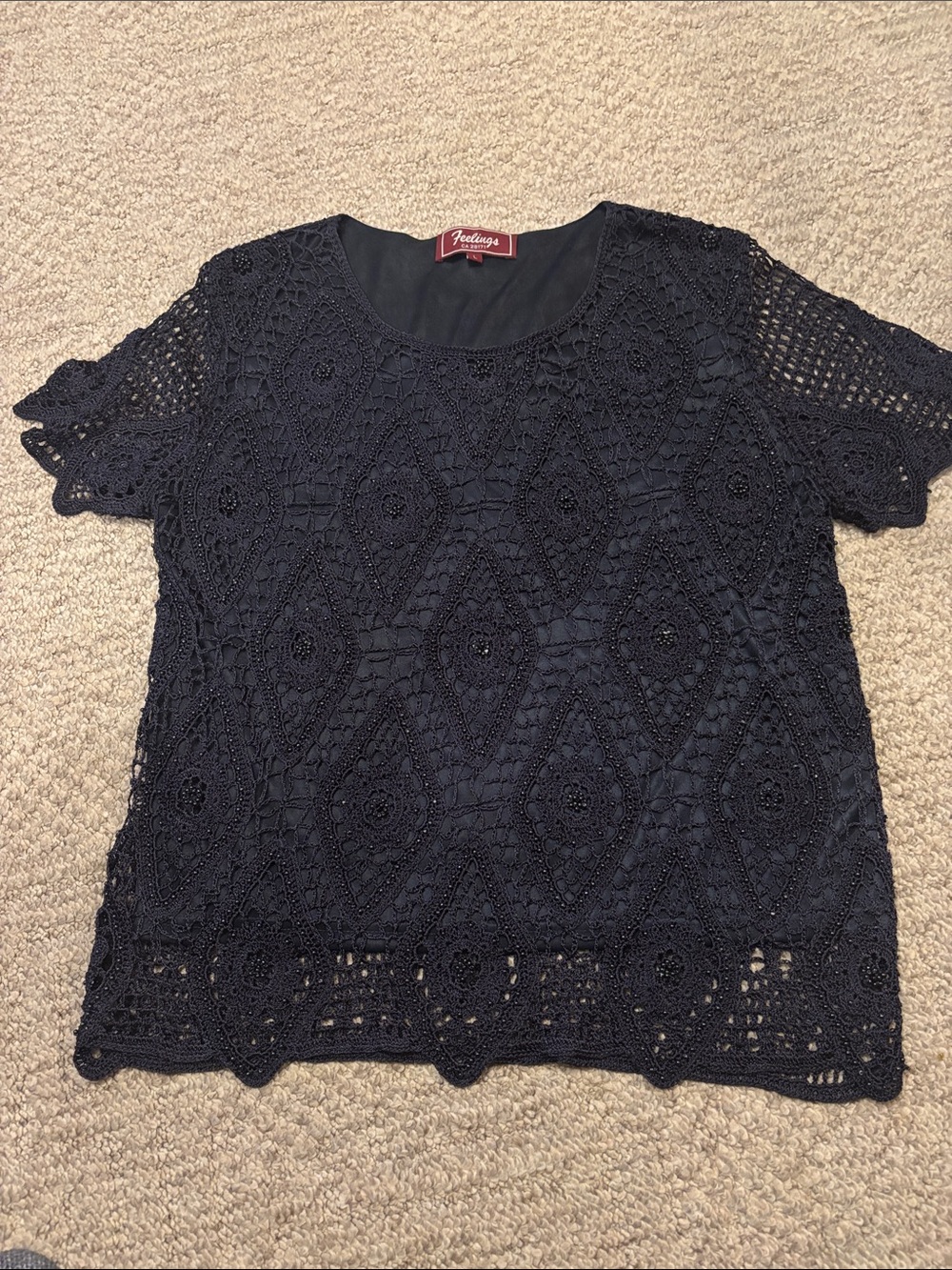 Feelings Navy Crochet Lace Short Sleeve Top